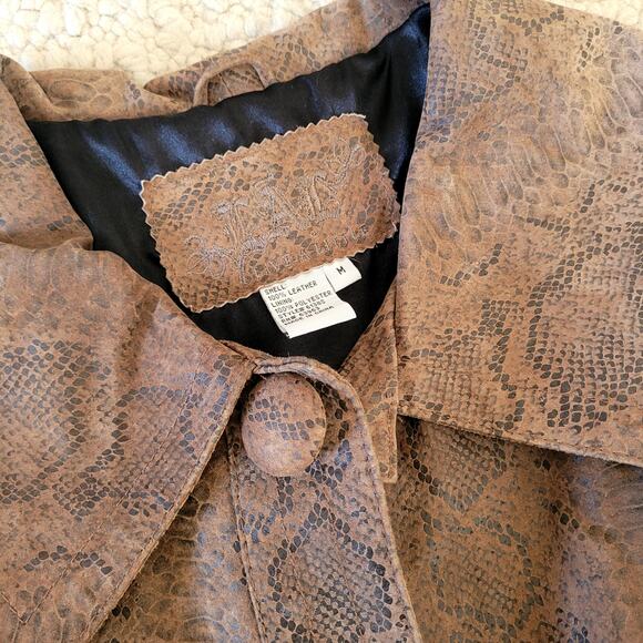L.A.L. Leather Snake Print Jacket Round Collar Cropped Snap Buttons M - Picture 5 of 7